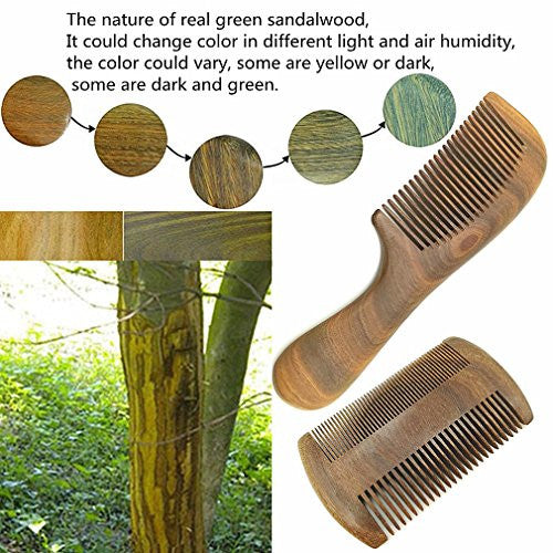 Hair Combs – Handmade Natural Aroma Green Sandalwood Wooden Comb Set - No Static Fine Sides & Wide Tooth Hair Care Styling Tools Beard Comb for Men Women and Kids