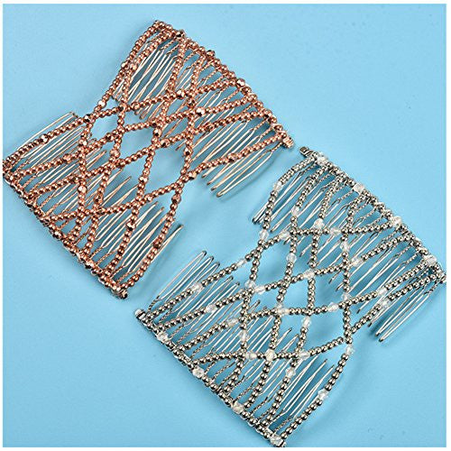 LOVEF 2pcs Fashion Magic Beaded Elasticity Double Hair Comb Clip Stretchy Women Hair Accessories