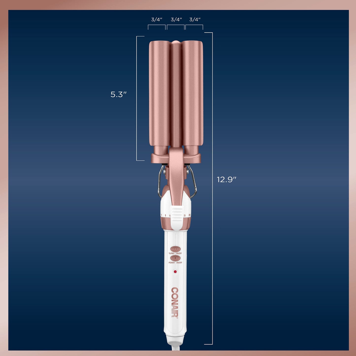 Conair Double Ceramic 3 Barrel Curling Iron, Hair Waver, Create Beachy Waves, Long-Lasting Natural Tight Waves for all Hair Lengths, White / Rose Gold