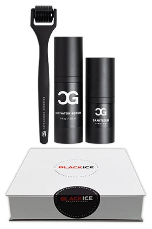 Black Ice-1 Beard Growth Kit (Roller, Serum, Spray)-Box