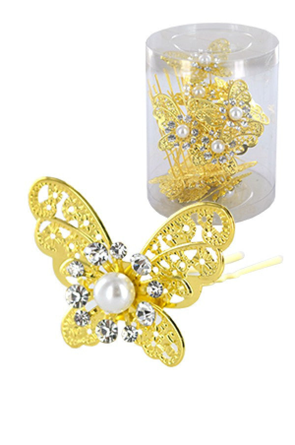 Stone Hair Pin (20/jar) 6728 Gold (Butterfly)- jar