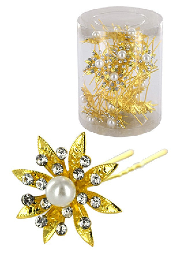 Stone Hair Pin (20/jar) 6730 Gold (Flower)- jar