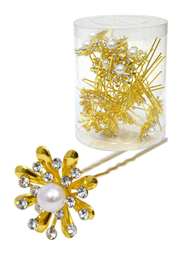 Stone Hair Pin (20/jar) 6732 Gold (Flower)- jar