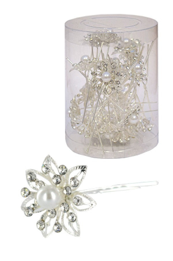 Stone Hair Pin (20/jar) 6733 Silver  (flower) - jar