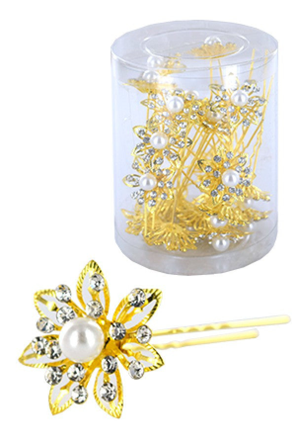 Stone Hair Pin (20/jar) 6734 Gold (flower) - jar