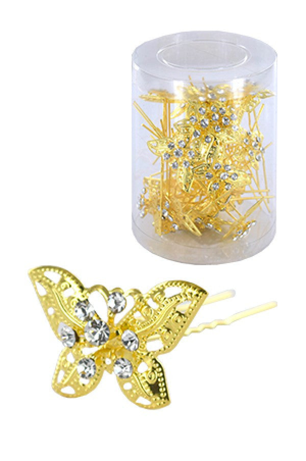 Stone Hair Pin (20/jar) 6740 Gold  (butterfly) - jar