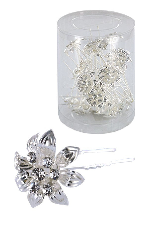 Stone Hair Pin (20/jar) 6745 Silver (flower)  - jar