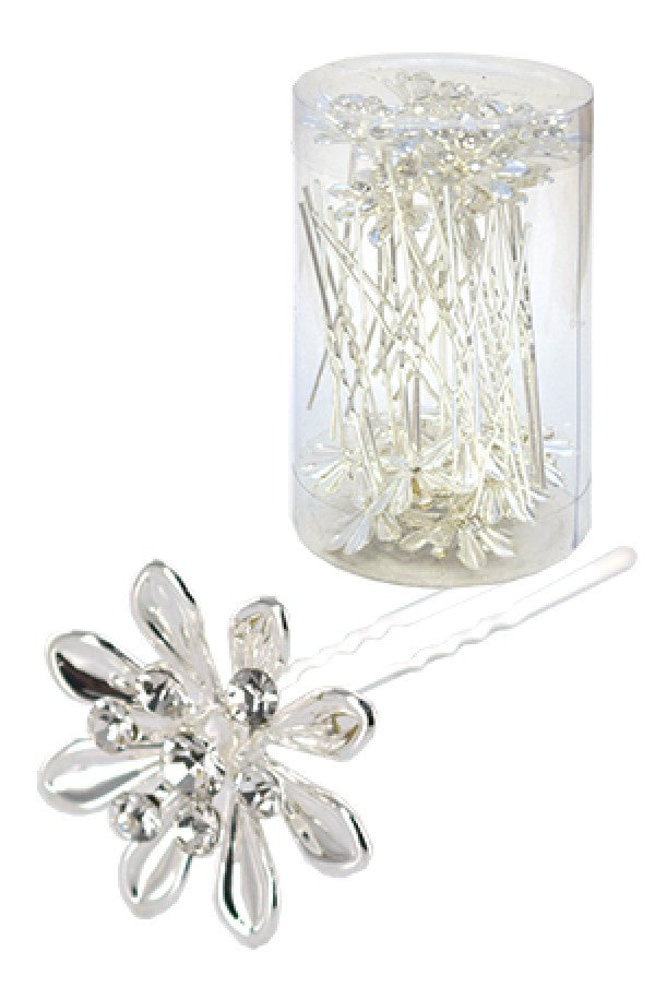 Stone Hair Pin (20/jar) 6751 Silver (flower)  - jar