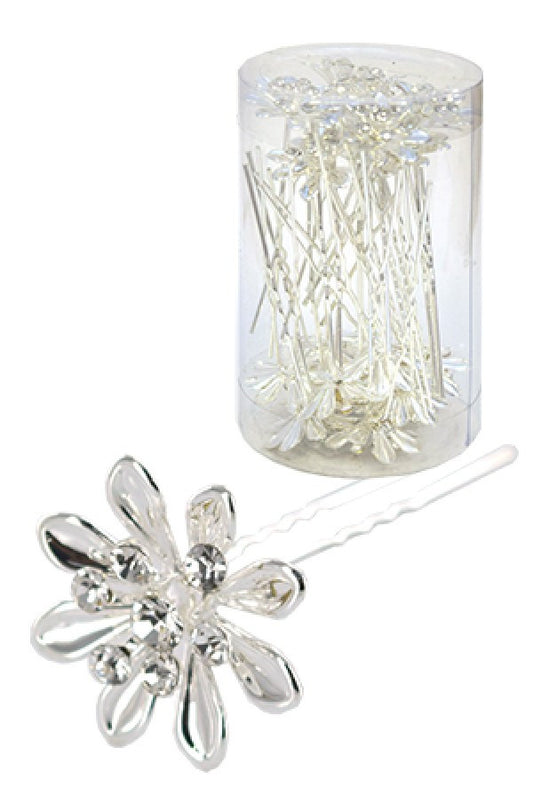 Stone Hair Pin (20/jar) 6751 Silver (flower)  - jar