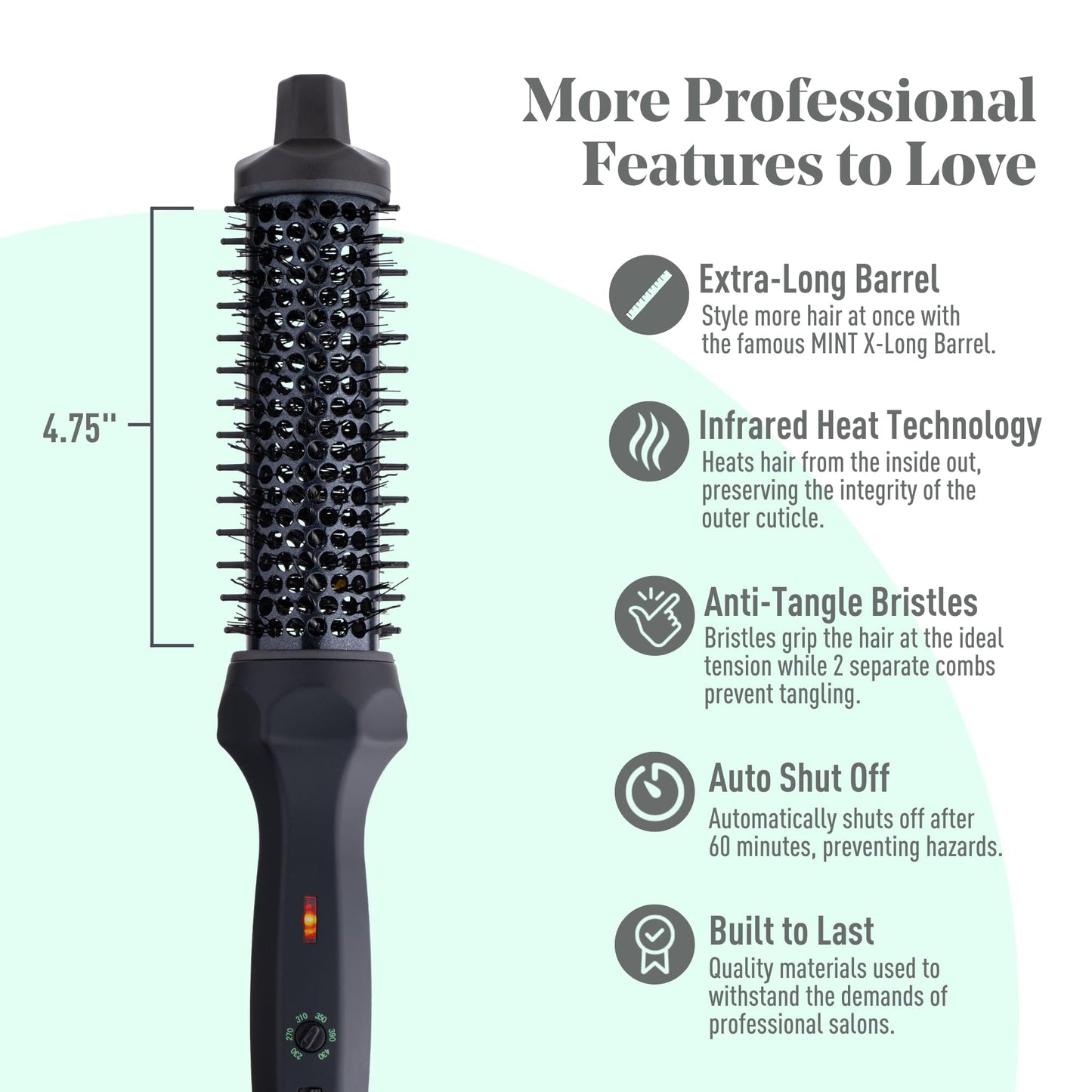 MINT Extra-Long 1 1/3 Inch Thermal Brush for Effortless Curls, Volume & Waves | 230-430°F 2-Heater Ceramic Curling Iron Brush Creates Long-Lasting Styles | Heated Round Brush Styler with Dual Voltage | NOT A BLOW DRYER