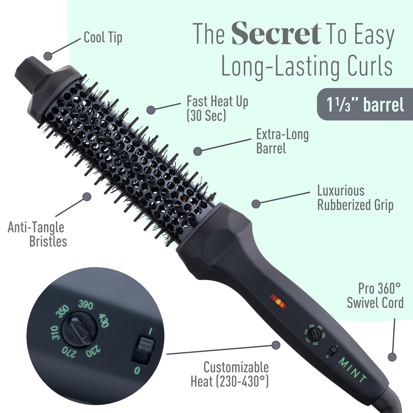 MINT Extra-Long 1 1/3 Inch Thermal Brush for Effortless Curls, Volume & Waves | 230-430°F 2-Heater Ceramic Curling Iron Brush Creates Long-Lasting Styles | Heated Round Brush Styler with Dual Voltage | NOT A BLOW DRYER