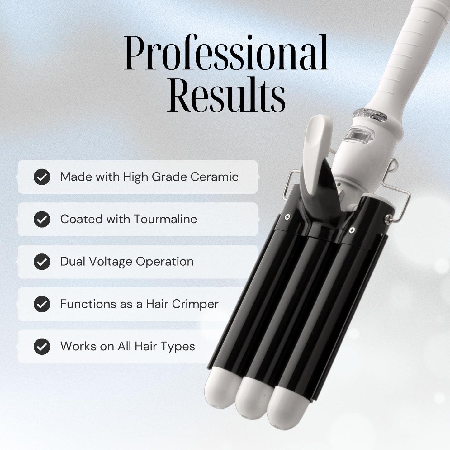 Alure Three Barrel Hair Waver/Crimper with LCD Temperature Display in Celsius - 1 Inch Ceramic Tourmaline Triple Barrels, Dual Voltage Crimp Iron