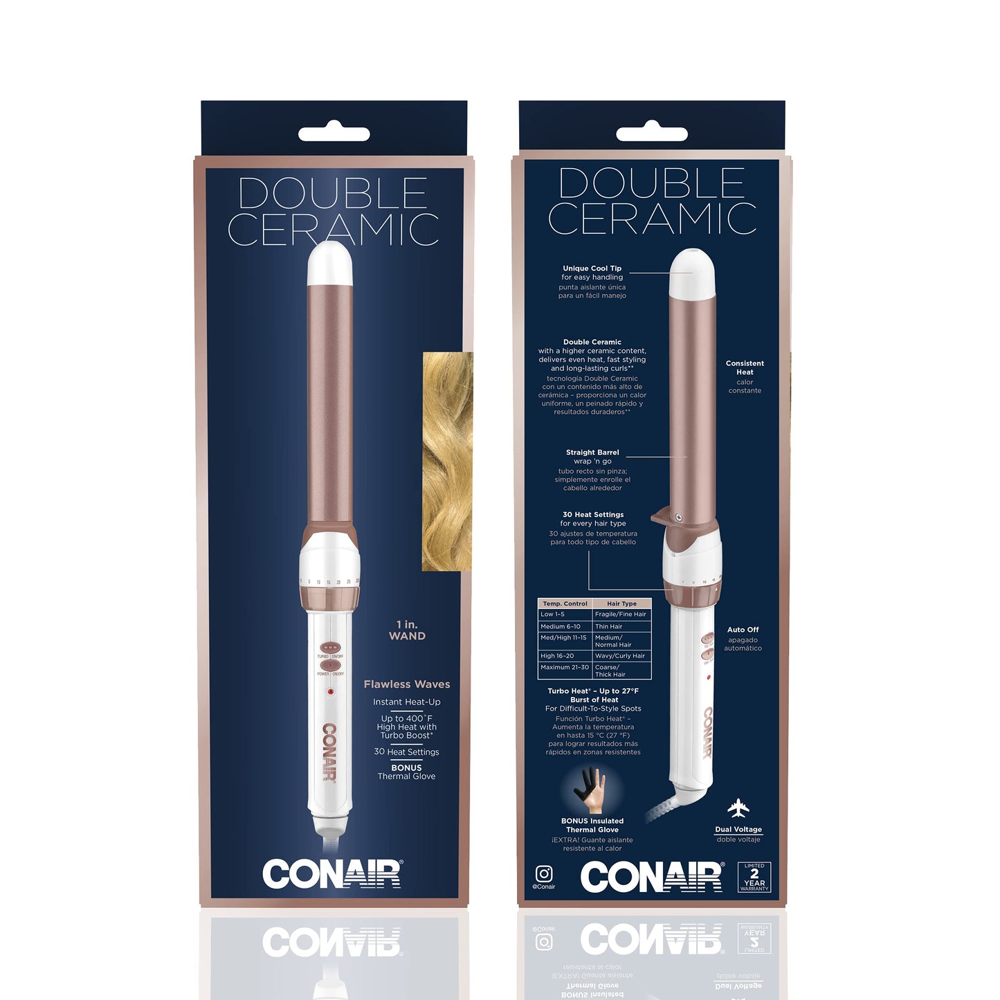 Conair Double Ceramic 1-inch Curling Wand, Straight wand produces flawless waves