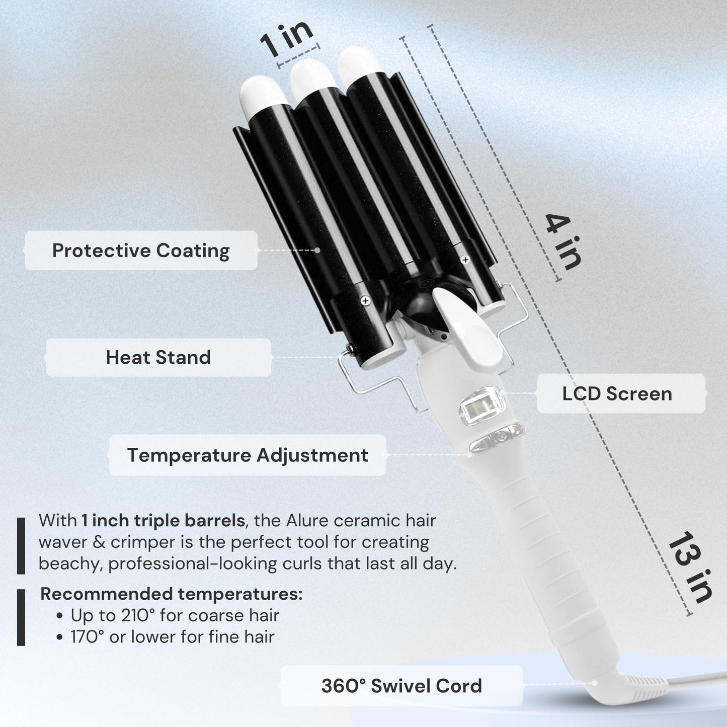 Alure Three Barrel Hair Waver/Crimper with LCD Temperature Display in Celsius - 1 Inch Ceramic Tourmaline Triple Barrels, Dual Voltage Crimp Iron