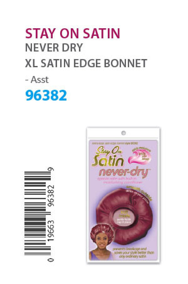96382 Stay on Satin Never-Dry XL Satin Edge Bonnet (Asst) -dz