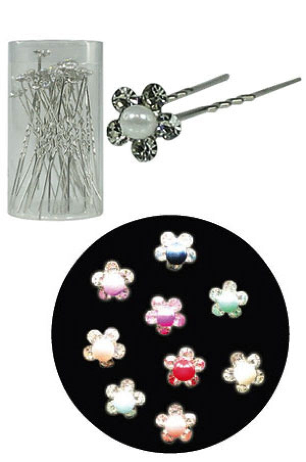 2659 Stone Hair Pin -Flower w Pearl (20/Jar)