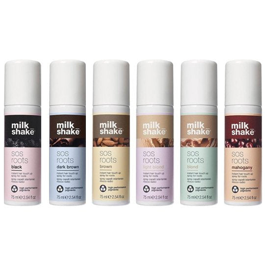 milk_shake SOS Roots is an instant coloured spray that covers grey hair regrowth with a natural effect without leaving any residue. milk_shake SOS Roots comes in a choice of 6 shades, brown, dark brown, light blond, blond, mahogany and black.

The pigments within milk_shake SOS Roots are naturally-sourced and are taken from minerals. Their properties give rich and intense colour with a quick action that hides greys. milk_shake® SOS Roots GIVES INSTANT AND TOTAL COVERAGE TO GREYS.
